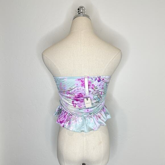 By Anthropologie Strapless Ruffled Bandeau Top Womens Small Satin Blue Pink - Picture 6 of 8
